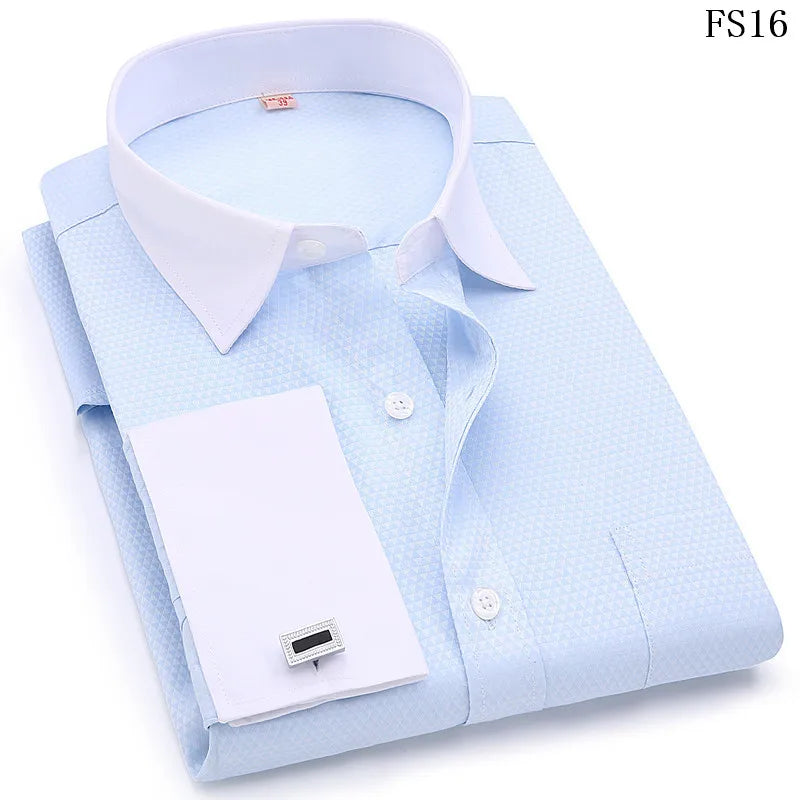 2026 Men French Cufflinks Shirts White Collar Design Solid Color Jacquard Fabric Male Gentleman Dress Long Sleeves Shirt