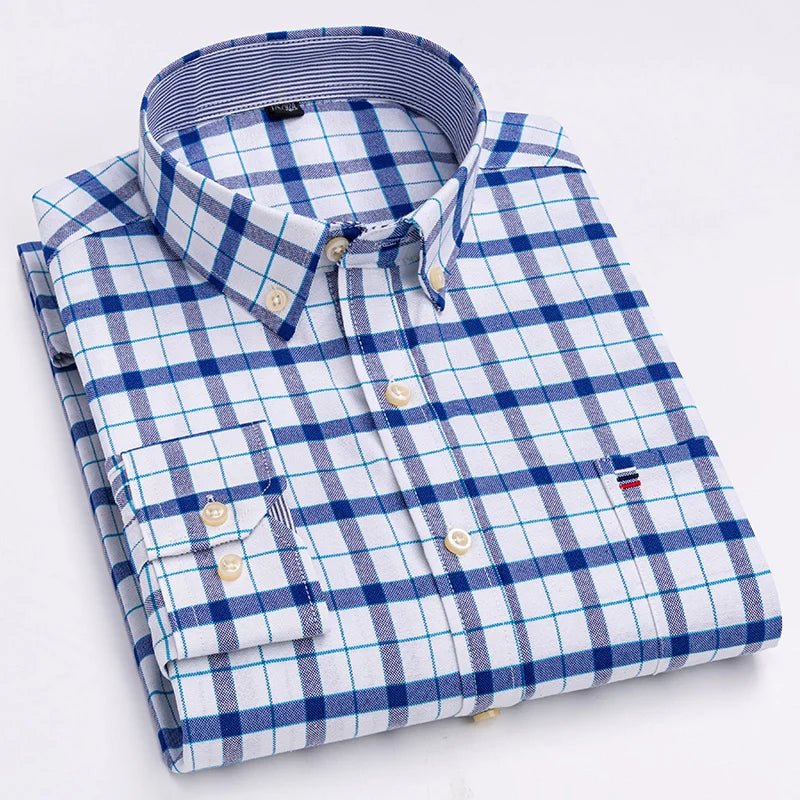 Large Size 7XL 100% Cotton Shirts for Men Oxford Plain Shirt Quality Oversized Long Sleeve Slim Fit Tops Striped Plaid Clothing