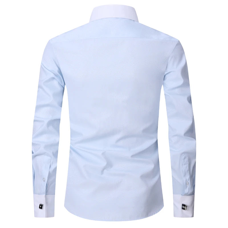 2026 Men French Cufflinks Shirts White Collar Design Solid Color Jacquard Fabric Male Gentleman Dress Long Sleeves Shirt