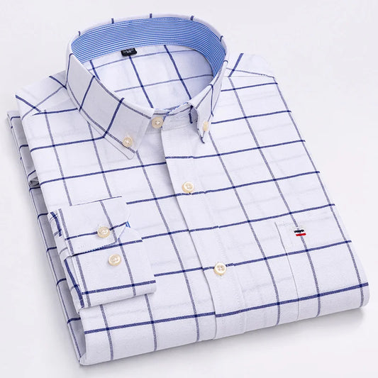 Large Size 7XL 100% Cotton Shirts for Men Oxford Plain Shirt Quality Oversized Long Sleeve Slim Fit Tops Striped Plaid Clothing