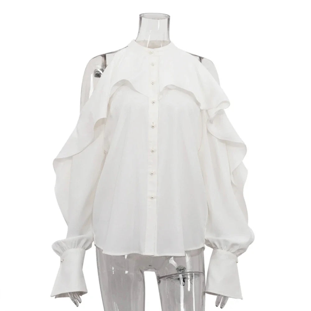 TWOTWINSTYLE Solid Spliced Button Loose Shirts for Women Lapel Long Sleeve Temperament Minimalist Shirts Female Fashion