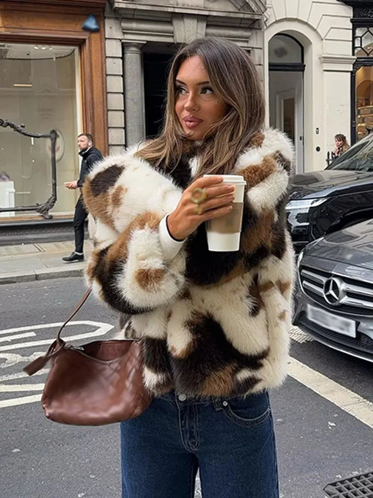 HH Women's New Fashion Long Sleeves Warm Coats Tie Dye Turn-Down Collar Zipper Female Winter High Street Loose Short Jackets