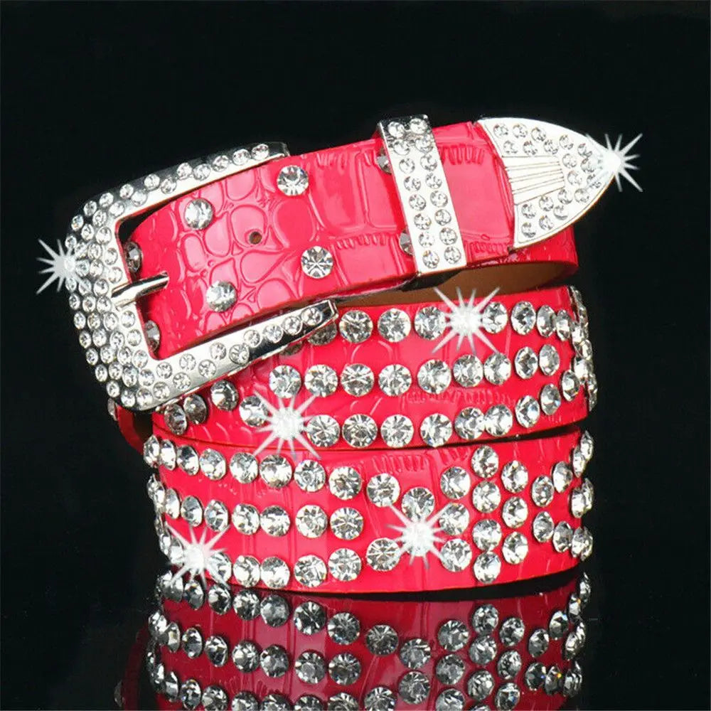 Fashion Leather Belts Men and Women Unisex Rhinestone Luxury Belts Casual Wide Buckle Punk Belts Crystal Bling Jeans Waistband