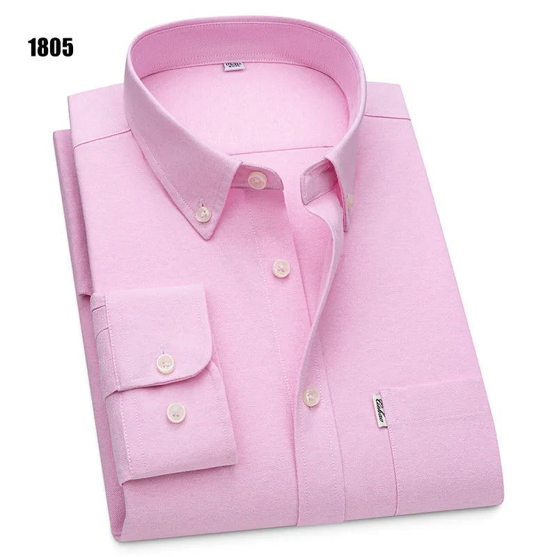 Men's 100% Pure Cotton Oxford Solid Long Sleeve Shirts Business Social Formal Shirts Male Single Pocket Designer Classic Clothes