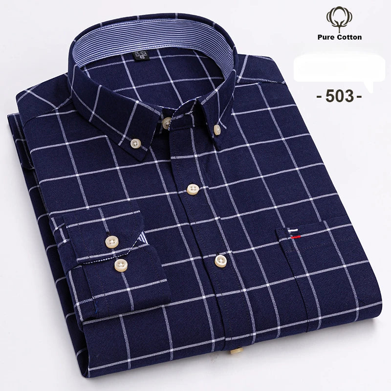 Large Size 7XL 100% Cotton Shirts for Men Oxford Plain Shirt Quality Oversized Long Sleeve Slim Fit Tops Striped Plaid Clothing