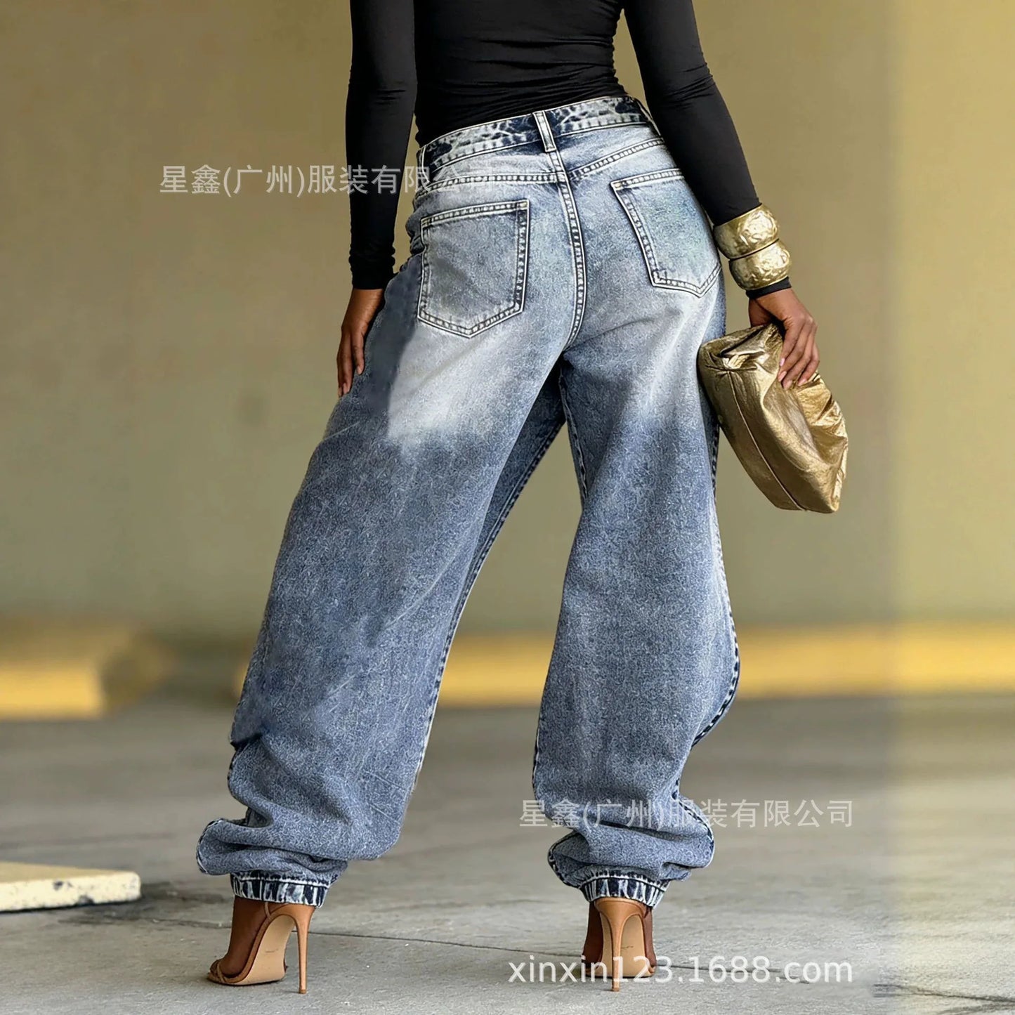 Washed Patchwork Baggy Jeans Irregular Asymmetric Wrap Front Denim Pants Women Cuffed Ankle Wide‑Leg Casual Denim Trousers