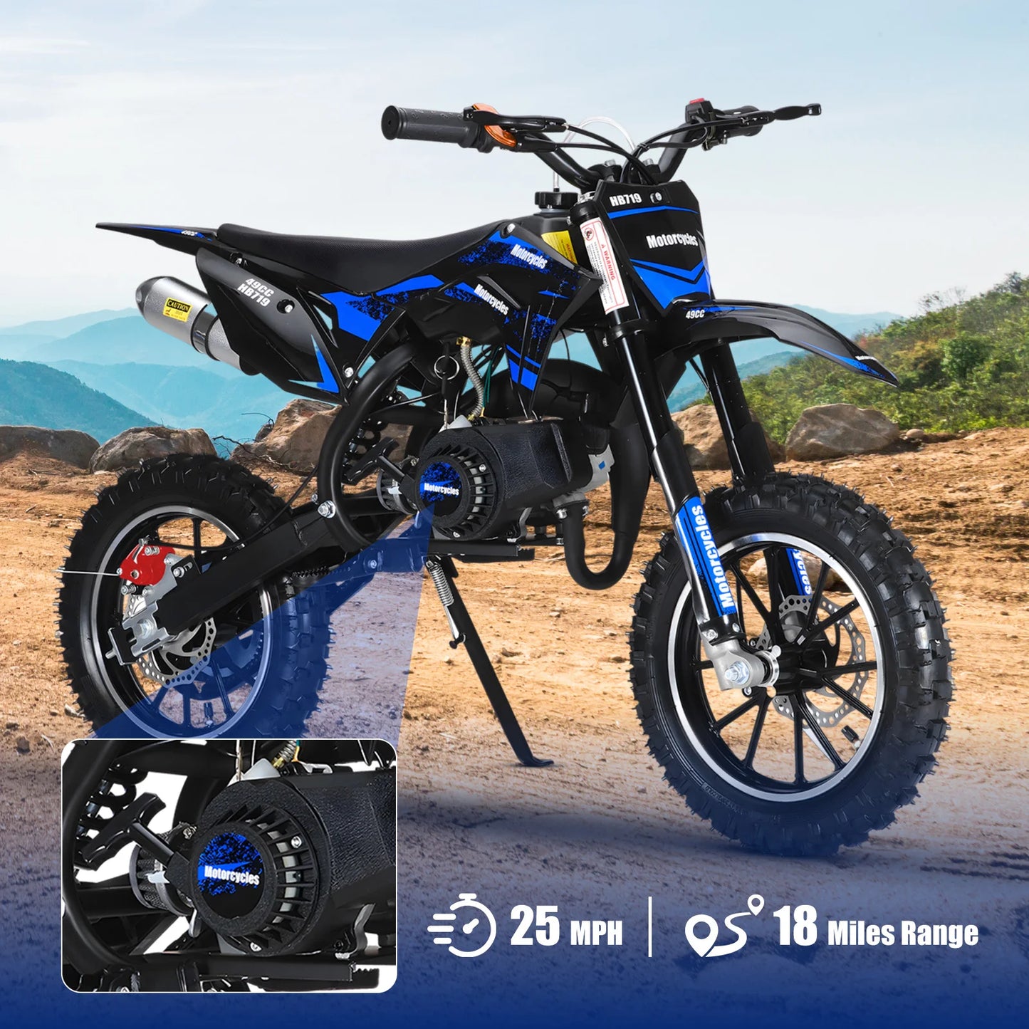 Blue Mini Dirt Bike, 49CC 2-Stroke Gas Powered Motorcycle with Off-Rode Tire, Shock Absorption Pocket Motorbike,Max Load 330 LBS