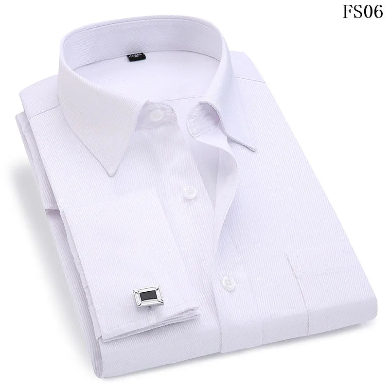 2026 Men French Cufflinks Shirts White Collar Design Solid Color Jacquard Fabric Male Gentleman Dress Long Sleeves Shirt