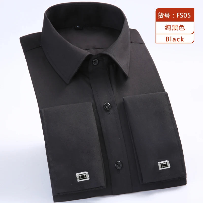 2026 Men French Cufflinks Shirts White Collar Design Solid Color Jacquard Fabric Male Gentleman Dress Long Sleeves Shirt