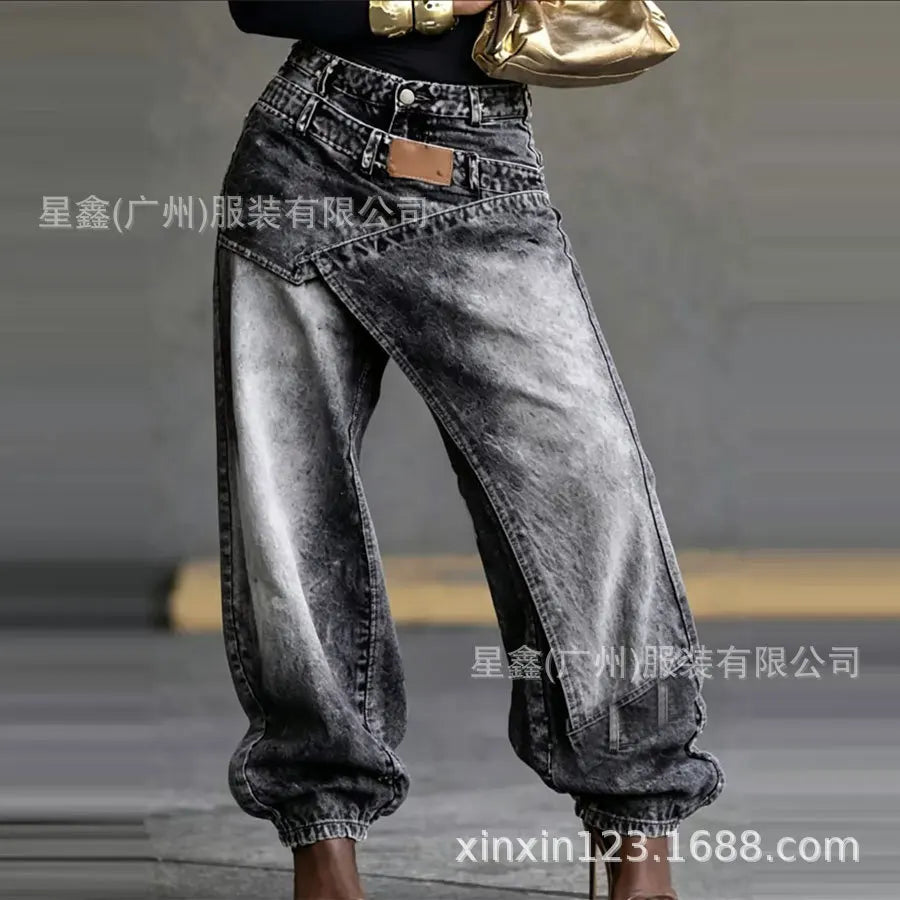 Washed Patchwork Baggy Jeans Irregular Asymmetric Wrap Front Denim Pants Women Cuffed Ankle Wide‑Leg Casual Denim Trousers