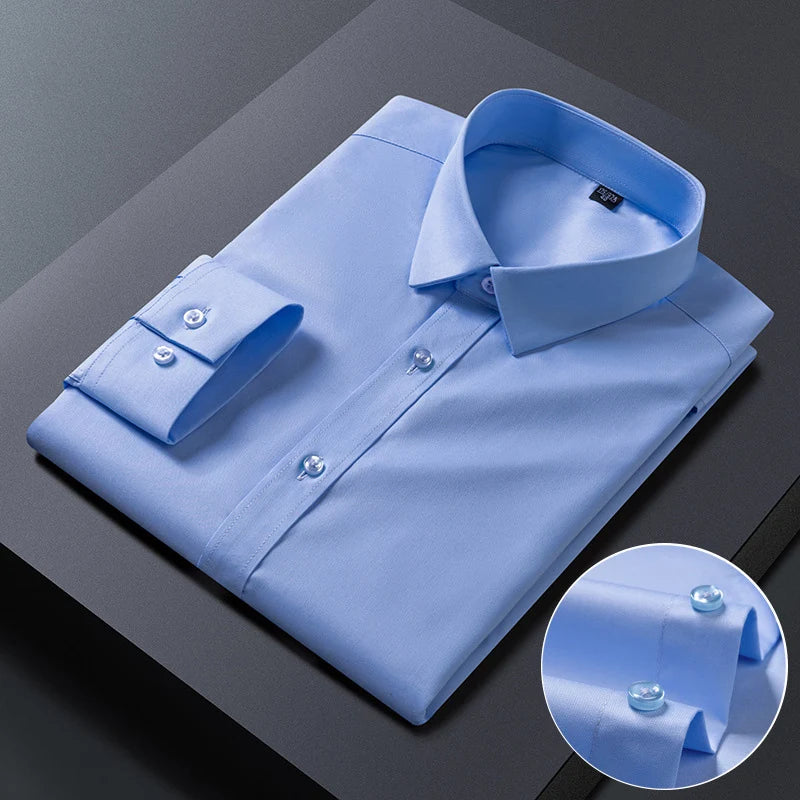 Bamboo Fiber Anti-Wrinkle Mens Shirts Long Sleeve Dress Shirts For Slim Fit Camisa Social Business Blouse White Shirt Blue S-8XL