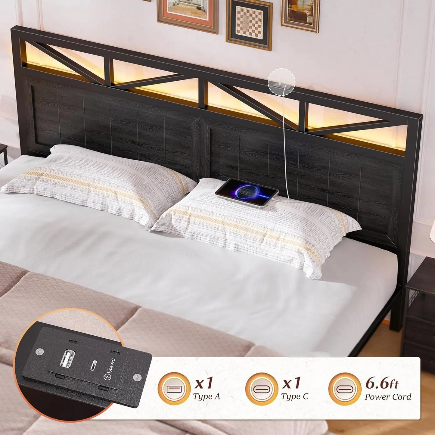 King Bed Frame Metal with 2 Storage Drawers, Wooden Headboard with LED Lighting & Charging Station, Bedroom,, Customized