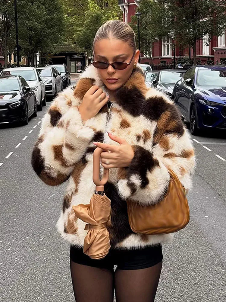 HH Women's New Fashion Long Sleeves Warm Coats Tie Dye Turn-Down Collar Zipper Female Winter High Street Loose Short Jackets