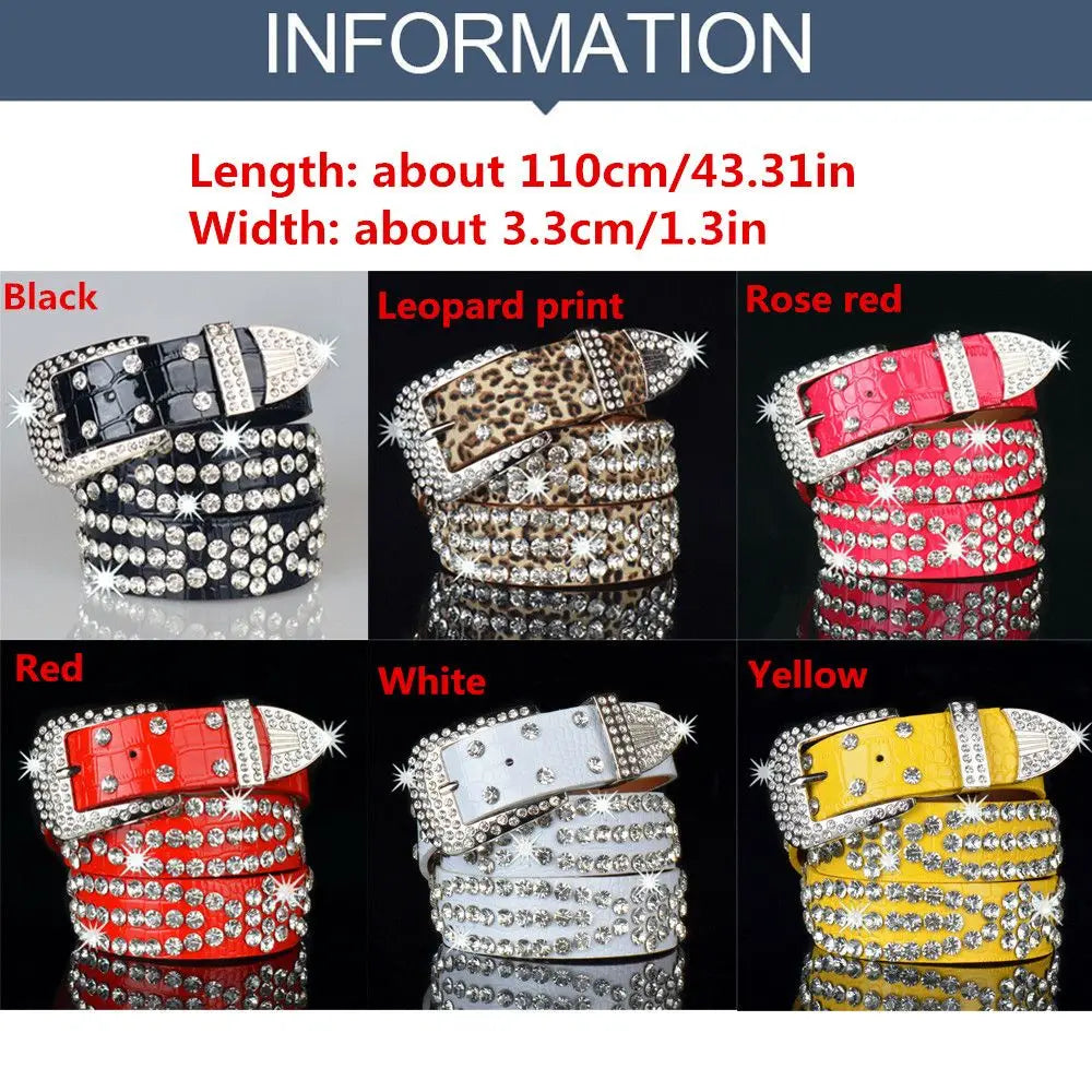 Fashion Leather Belts Men and Women Unisex Rhinestone Luxury Belts Casual Wide Buckle Punk Belts Crystal Bling Jeans Waistband