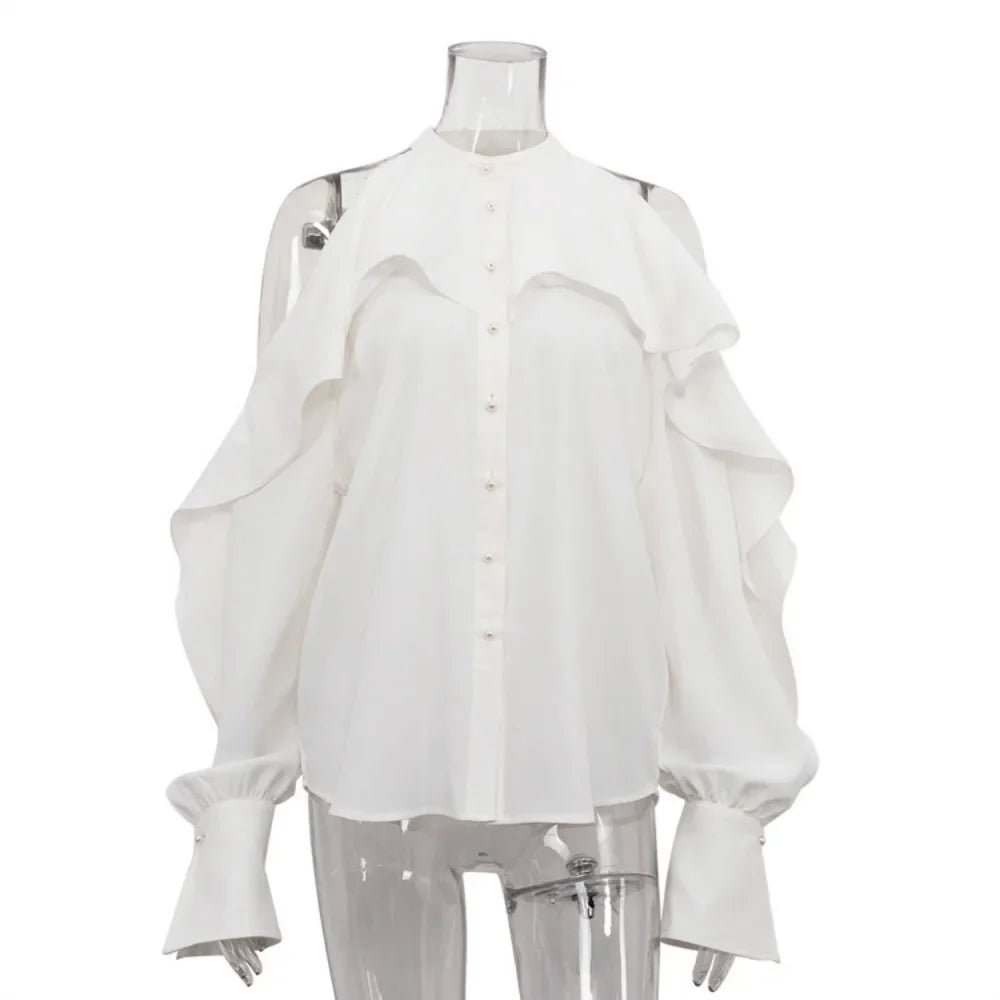 TWOTWINSTYLE Solid Spliced Button Loose Shirts for Women Lapel Long Sleeve Temperament Minimalist Shirts Female Fashion
