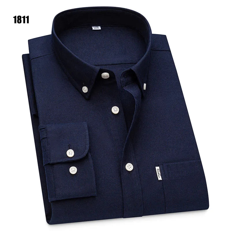 Men's 100% Pure Cotton Oxford Solid Long Sleeve Shirts Business Social Formal Shirts Male Single Pocket Designer Classic Clothes
