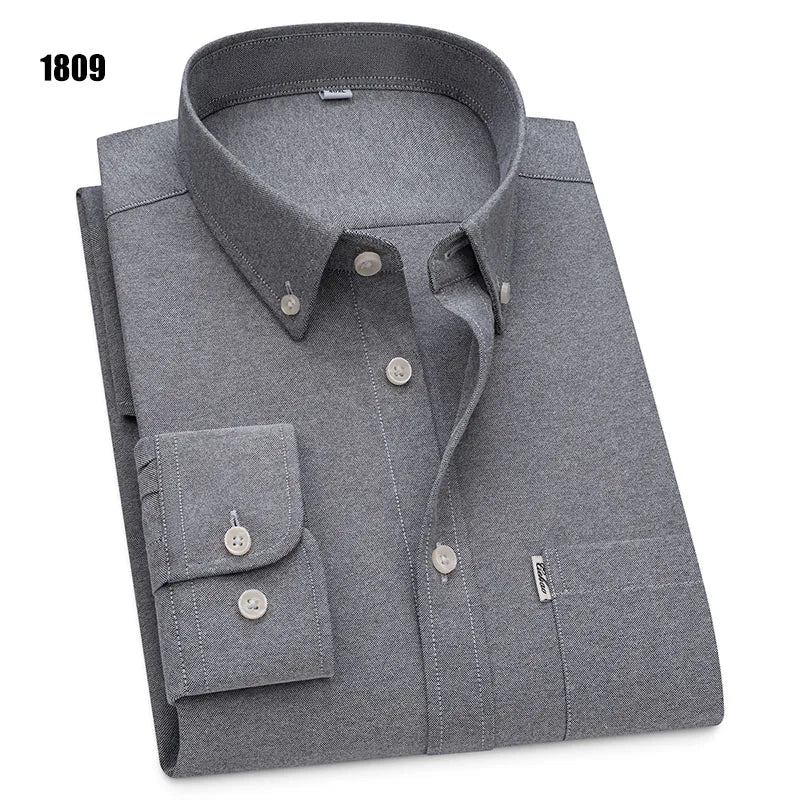 Men's 100% Pure Cotton Oxford Solid Long Sleeve Shirts Business Social Formal Shirts Male Single Pocket Designer Classic Clothes