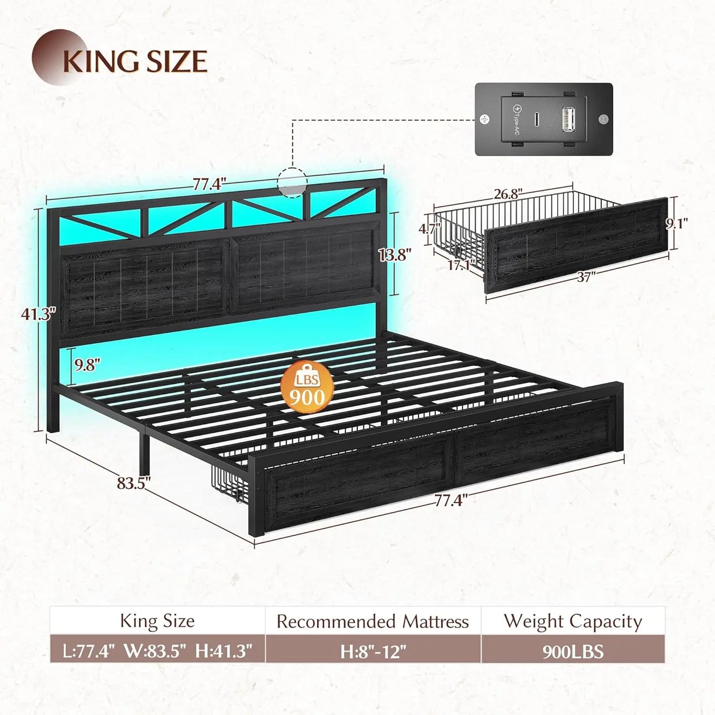 King Bed Frame Metal with 2 Storage Drawers, Wooden Headboard with LED Lighting & Charging Station, Bedroom,, Customized