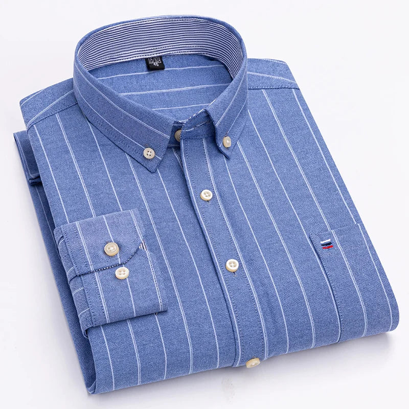 Large Size 7XL 100% Cotton Shirts for Men Oxford Plain Shirt Quality Oversized Long Sleeve Slim Fit Tops Striped Plaid Clothing