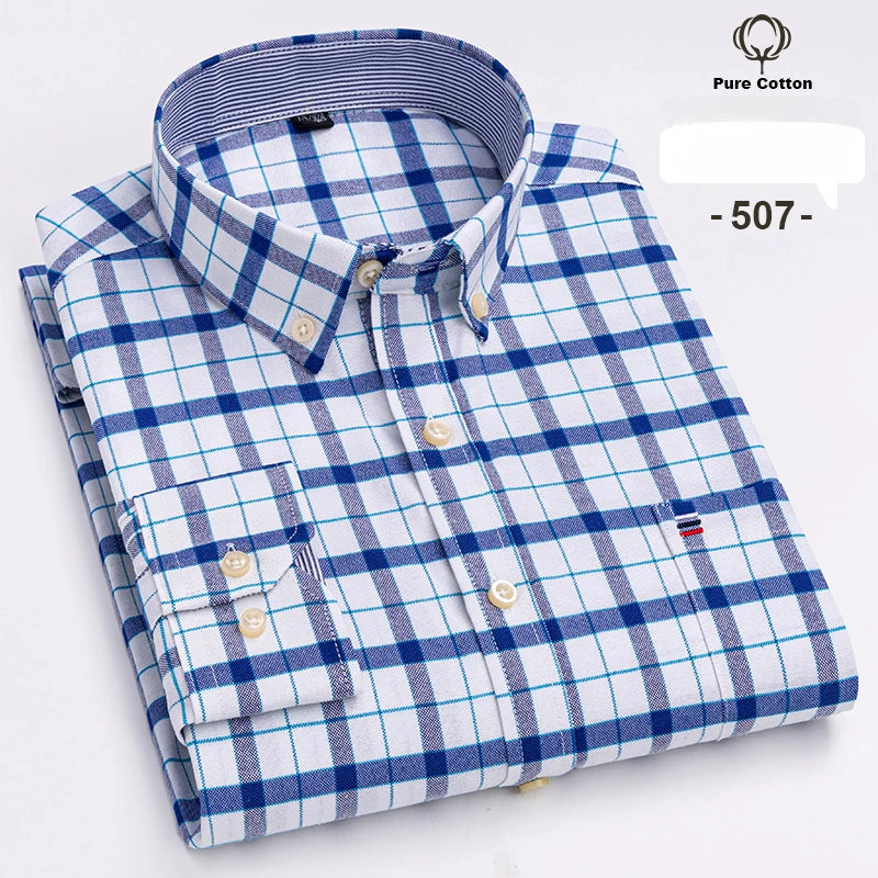 Large Size 7XL 100% Cotton Shirts for Men Oxford Plain Shirt Quality Oversized Long Sleeve Slim Fit Tops Striped Plaid Clothing