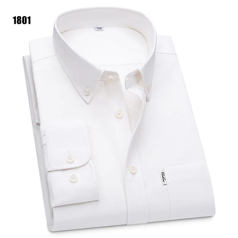 Men's 100% Pure Cotton Oxford Solid Long Sleeve Shirts Business Social Formal Shirts Male Single Pocket Designer Classic Clothes