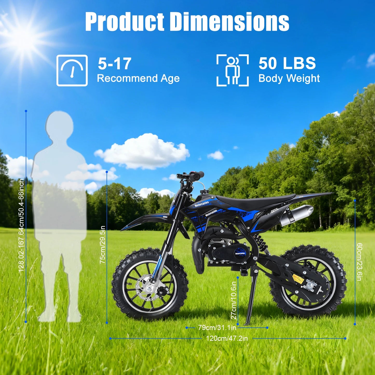 Blue Mini Dirt Bike, 49CC 2-Stroke Gas Powered Motorcycle with Off-Rode Tire, Shock Absorption Pocket Motorbike,Max Load 330 LBS