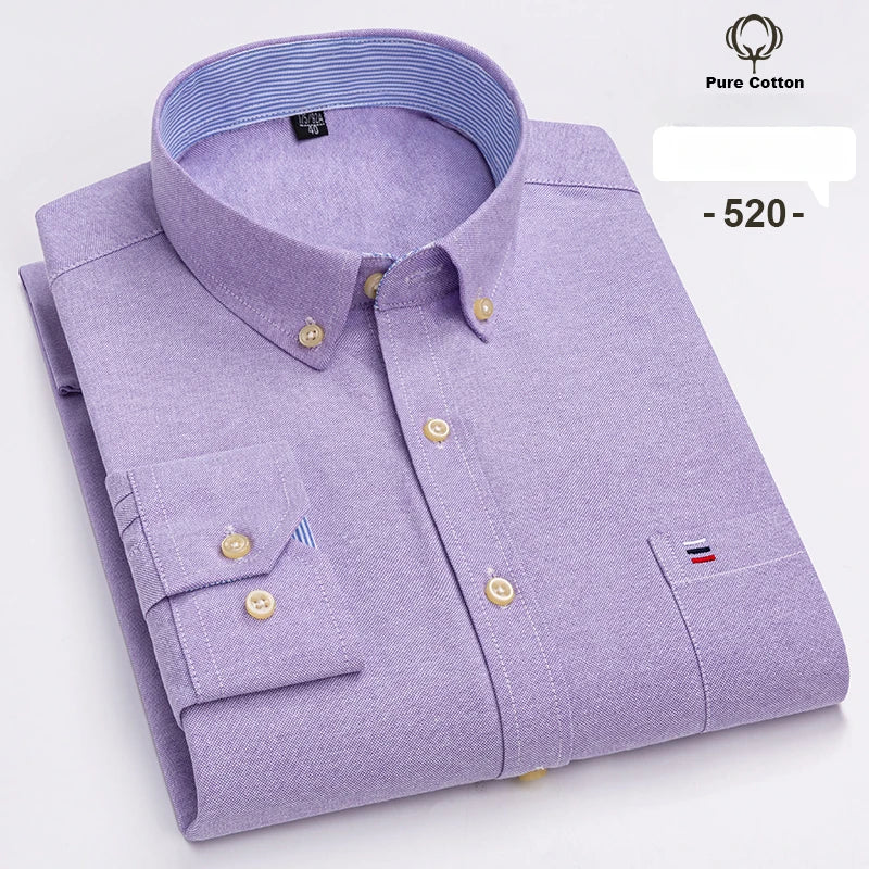 Large Size 7XL 100% Cotton Shirts for Men Oxford Plain Shirt Quality Oversized Long Sleeve Slim Fit Tops Striped Plaid Clothing