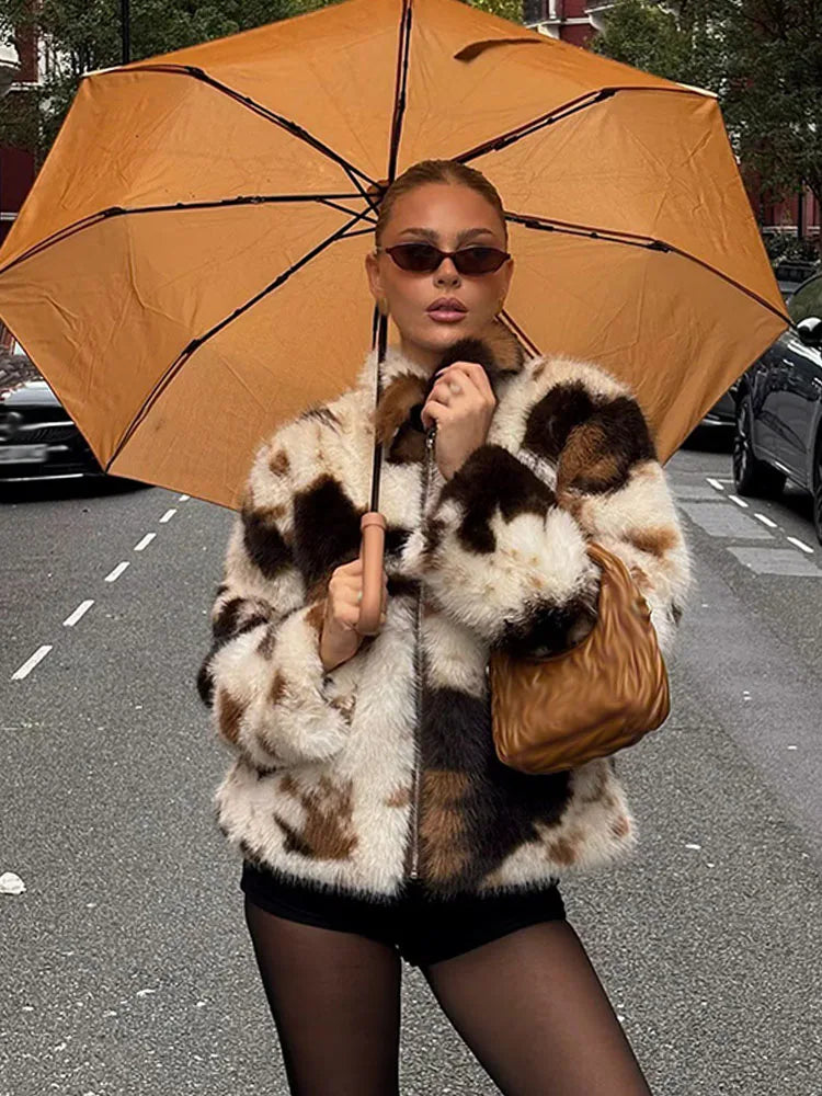 HH Women's New Fashion Long Sleeves Warm Coats Tie Dye Turn-Down Collar Zipper Female Winter High Street Loose Short Jackets