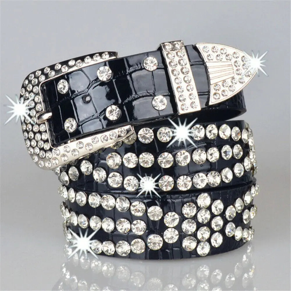 Fashion Leather Belts Men and Women Unisex Rhinestone Luxury Belts Casual Wide Buckle Punk Belts Crystal Bling Jeans Waistband