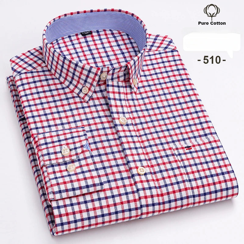 Large Size 7XL 100% Cotton Shirts for Men Oxford Plain Shirt Quality Oversized Long Sleeve Slim Fit Tops Striped Plaid Clothing