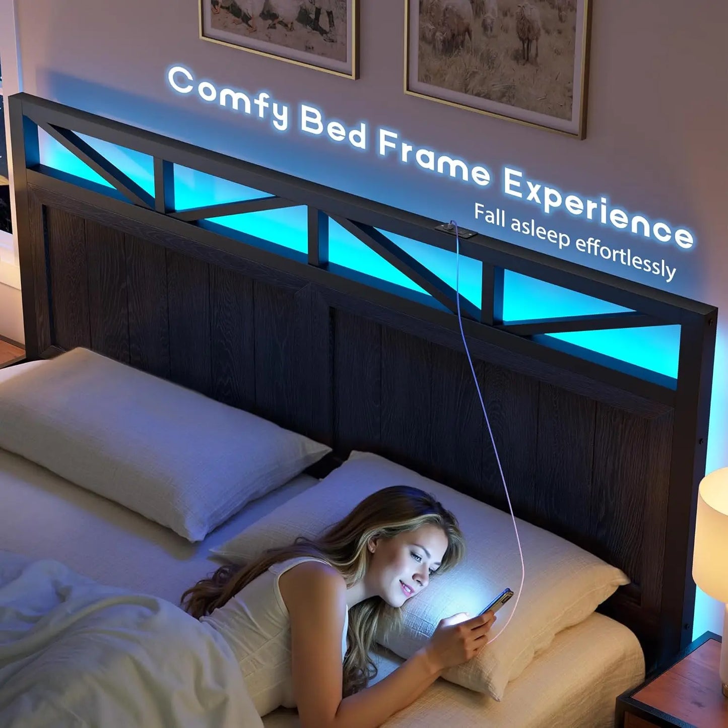 King Bed Frame Metal with 2 Storage Drawers, Wooden Headboard with LED Lighting & Charging Station, Bedroom,, Customized