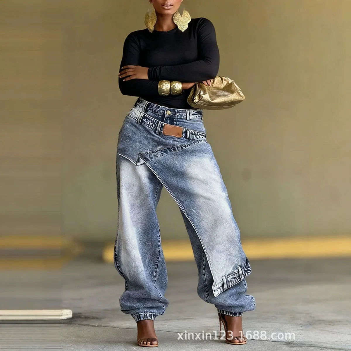 Washed Patchwork Baggy Jeans Irregular Asymmetric Wrap Front Denim Pants Women Cuffed Ankle Wide‑Leg Casual Denim Trousers