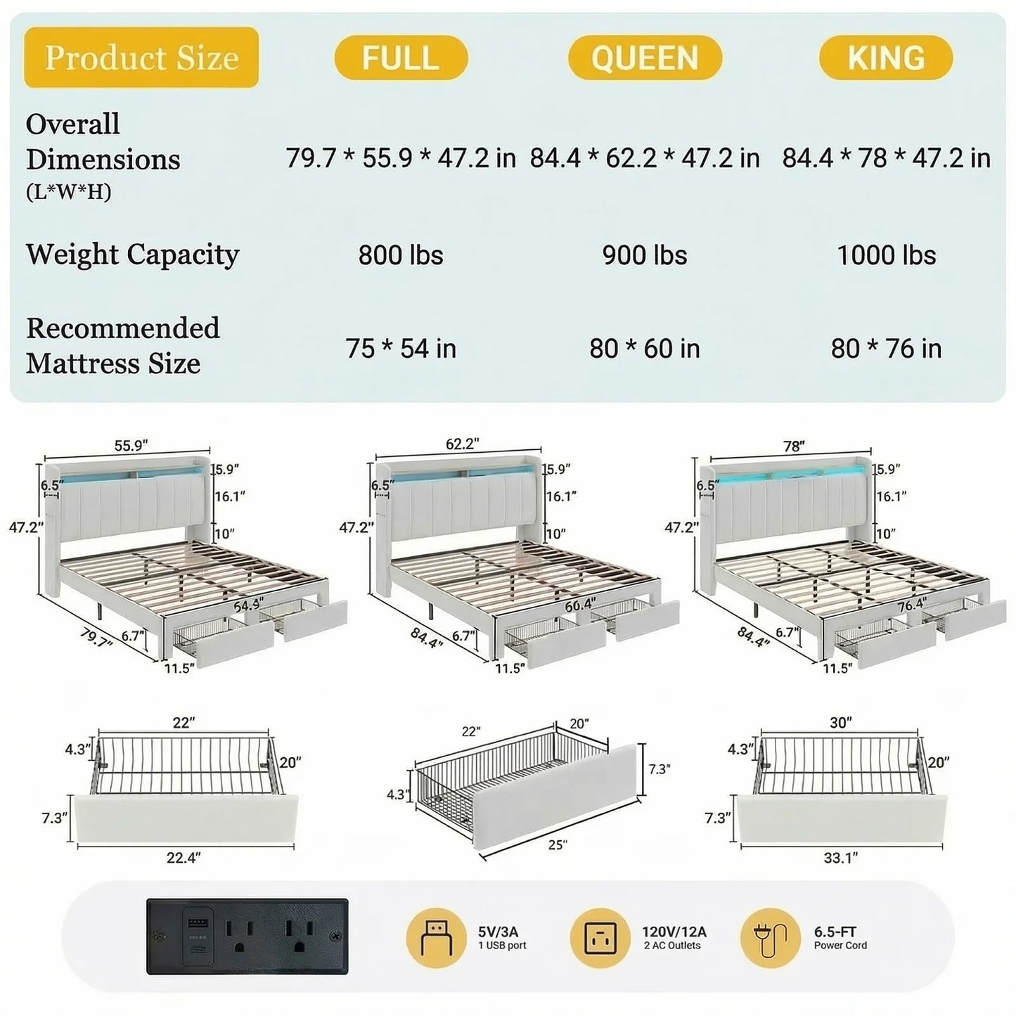 HOOMIC Bed Frame, 2 Storage Drawers/2-Tier Shelves with LED Lights & Charging Station, No Box Spring Need, Full/Queen/King