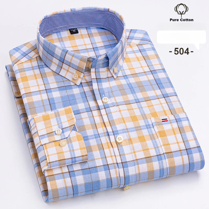 Large Size 7XL 100% Cotton Shirts for Men Oxford Plain Shirt Quality Oversized Long Sleeve Slim Fit Tops Striped Plaid Clothing