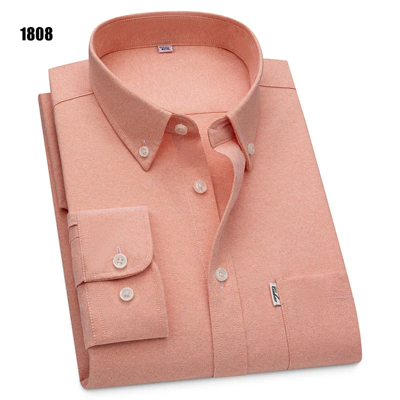 Men's 100% Pure Cotton Oxford Solid Long Sleeve Shirts Business Social Formal Shirts Male Single Pocket Designer Classic Clothes