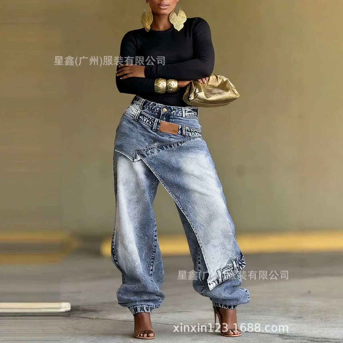 Washed Patchwork Baggy Jeans Irregular Asymmetric Wrap Front Denim Pants Women Cuffed Ankle Wide‑Leg Casual Denim Trousers