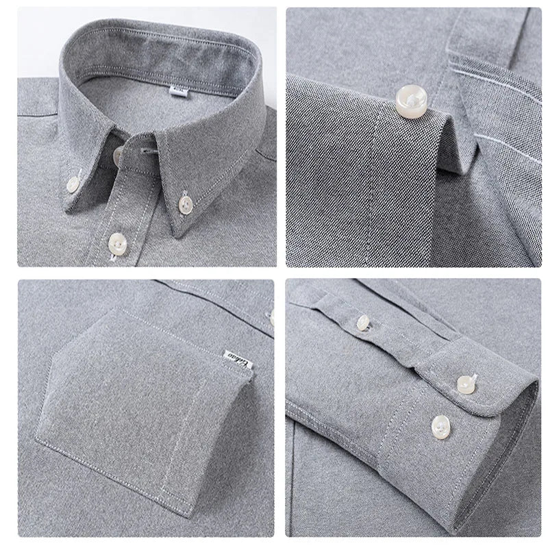 Men's 100% Pure Cotton Oxford Solid Long Sleeve Shirts Business Social Formal Shirts Male Single Pocket Designer Classic Clothes