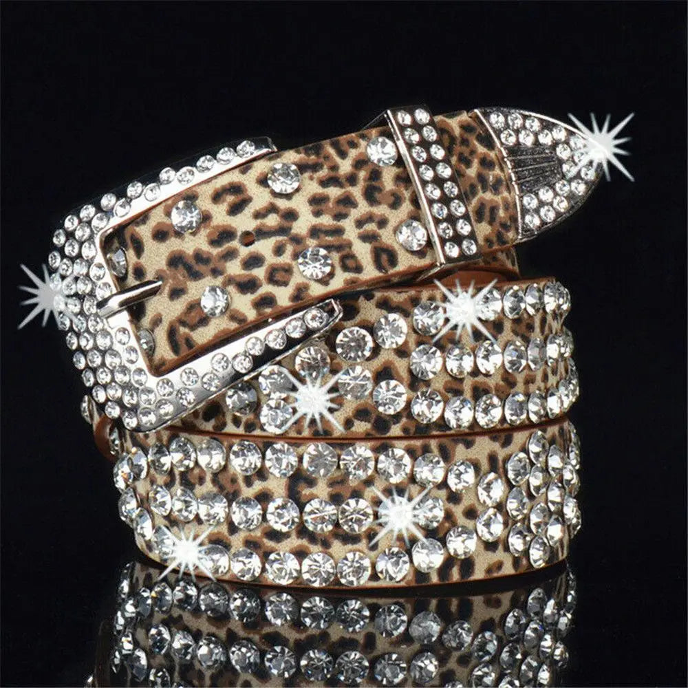 Fashion Leather Belts Men and Women Unisex Rhinestone Luxury Belts Casual Wide Buckle Punk Belts Crystal Bling Jeans Waistband