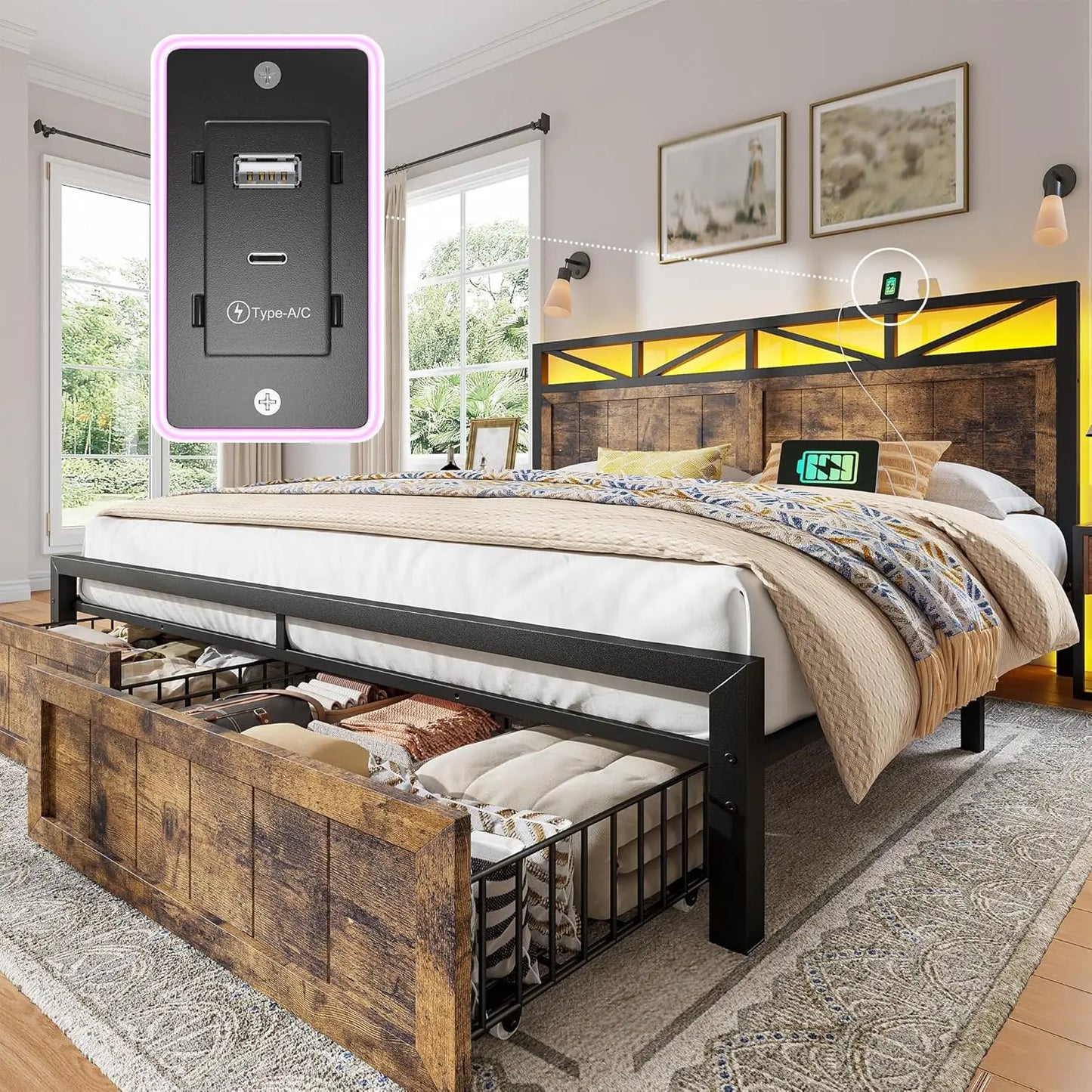 King Bed Frame Metal with 2 Storage Drawers, Wooden Headboard with LED Lighting & Charging Station, Bedroom,, Customized