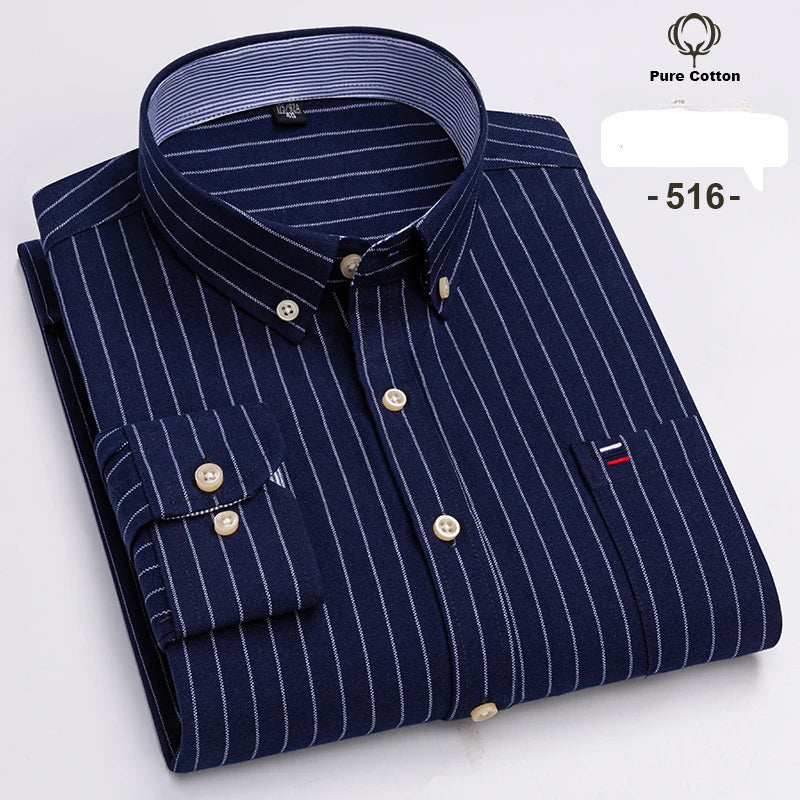 Large Size 7XL 100% Cotton Shirts for Men Oxford Plain Shirt Quality Oversized Long Sleeve Slim Fit Tops Striped Plaid Clothing