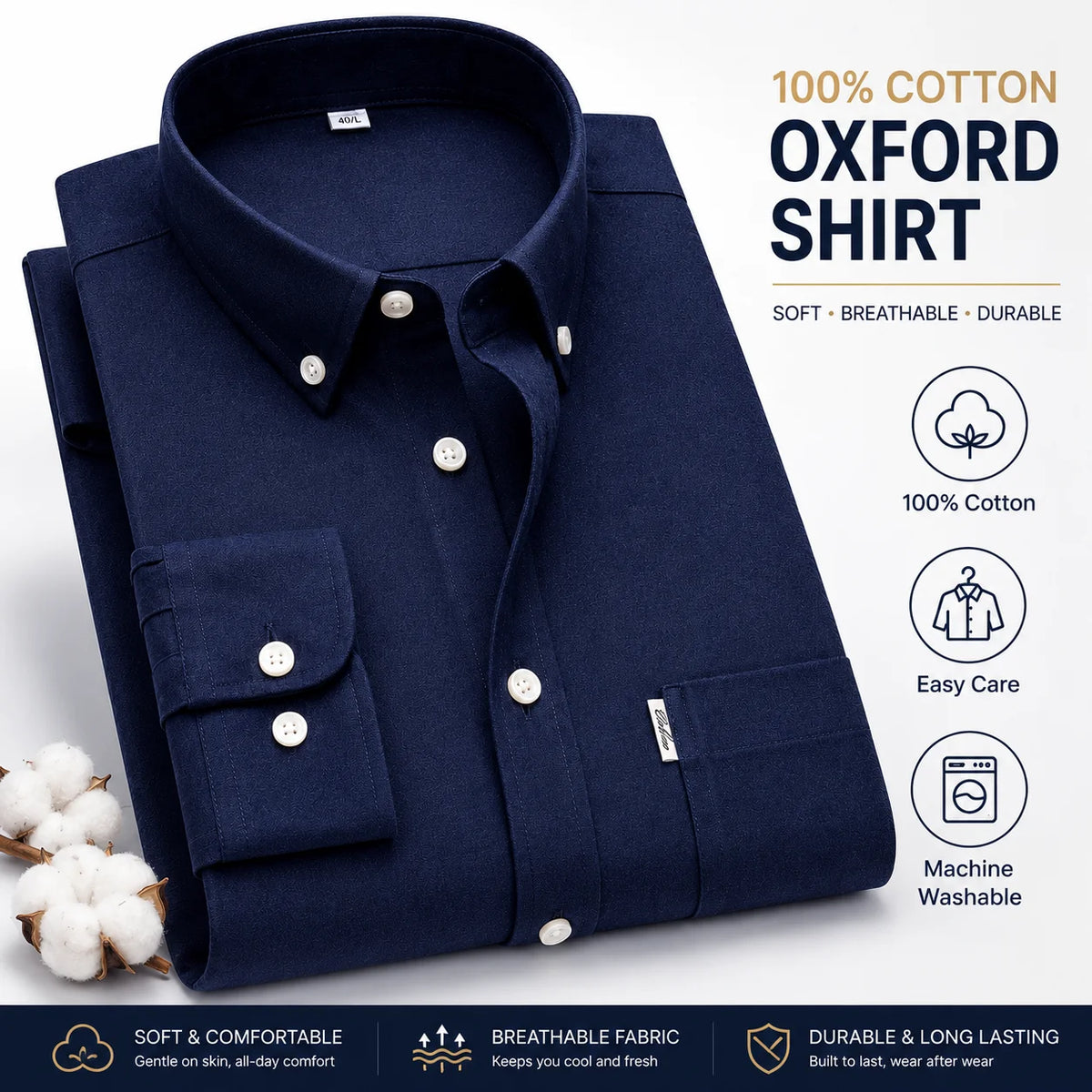Men's 100% Pure Cotton Oxford Solid Long Sleeve Shirts Business Social Formal Shirts Male Single Pocket Designer Classic Clothes
