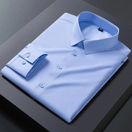 Bamboo Fiber Anti-Wrinkle Mens Shirts Long Sleeve Dress Shirts For Slim Fit Camisa Social Business Blouse White Shirt Blue S-8XL