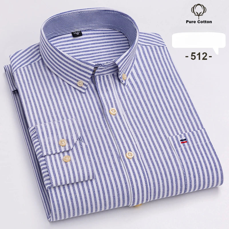 Large Size 7XL 100% Cotton Shirts for Men Oxford Plain Shirt Quality Oversized Long Sleeve Slim Fit Tops Striped Plaid Clothing