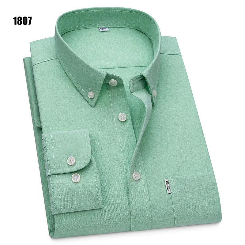 Men's 100% Pure Cotton Oxford Solid Long Sleeve Shirts Business Social Formal Shirts Male Single Pocket Designer Classic Clothes