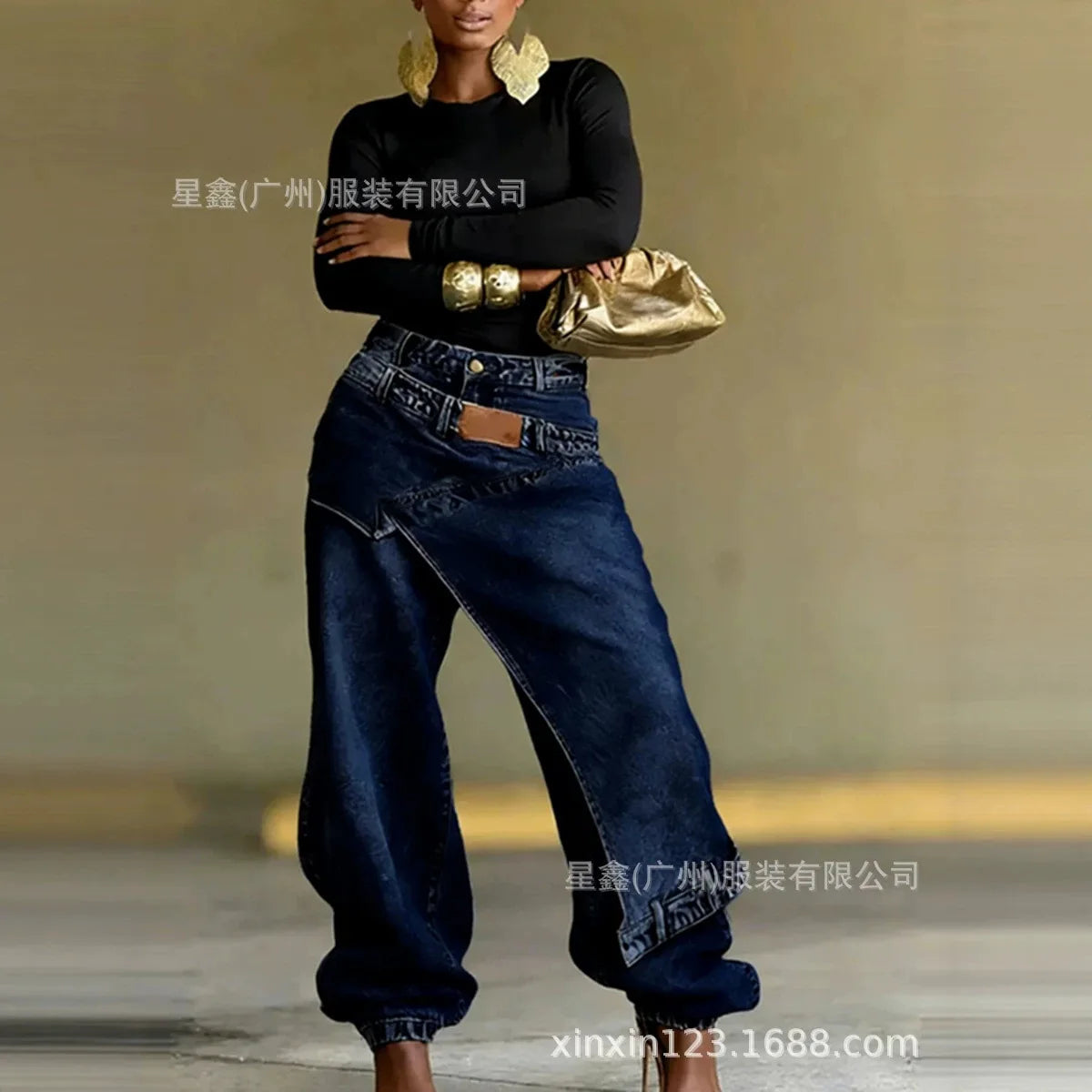 Washed Patchwork Baggy Jeans Irregular Asymmetric Wrap Front Denim Pants Women Cuffed Ankle Wide‑Leg Casual Denim Trousers