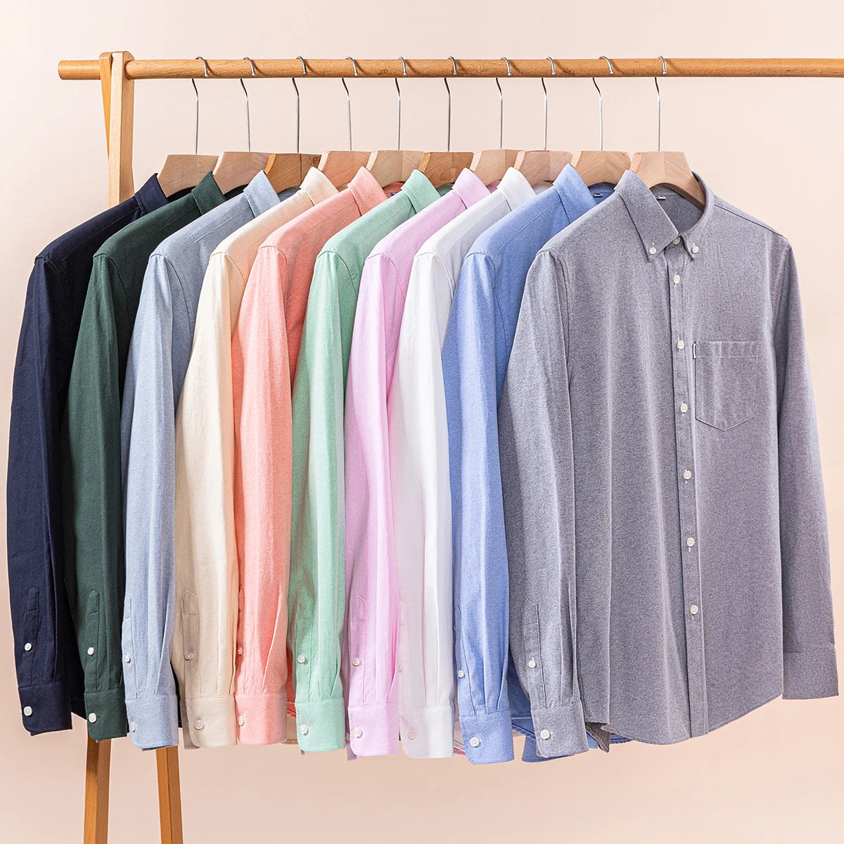 Men's 100% Pure Cotton Oxford Solid Long Sleeve Shirts Business Social Formal Shirts Male Single Pocket Designer Classic Clothes