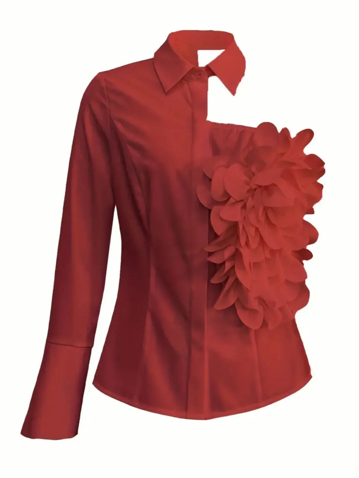 One-Shoulder Shirt Asymmetric Cutout Elegant Blouse Three-Dimensional Floral Applique Top Fashionable Versatile Chic Blouse