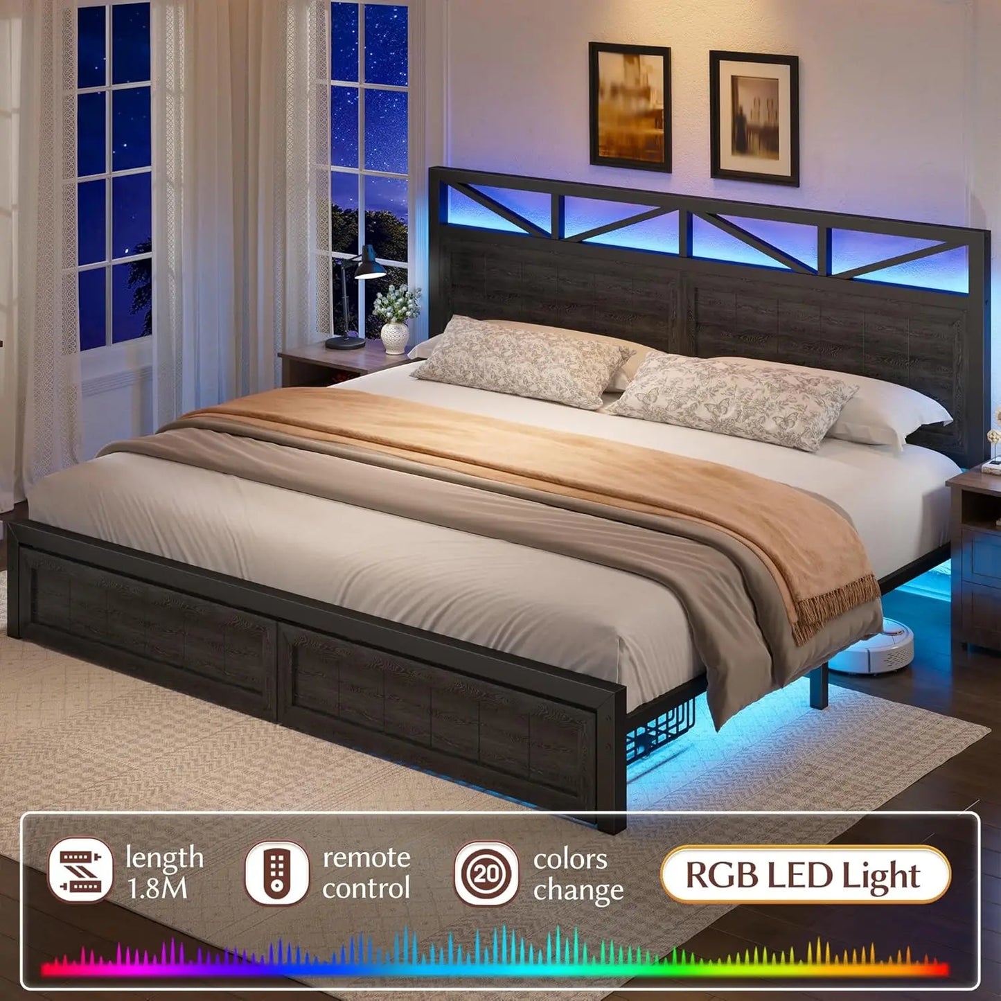 King Bed Frame Metal with 2 Storage Drawers, Wooden Headboard with LED Lighting & Charging Station, Bedroom,, Customized