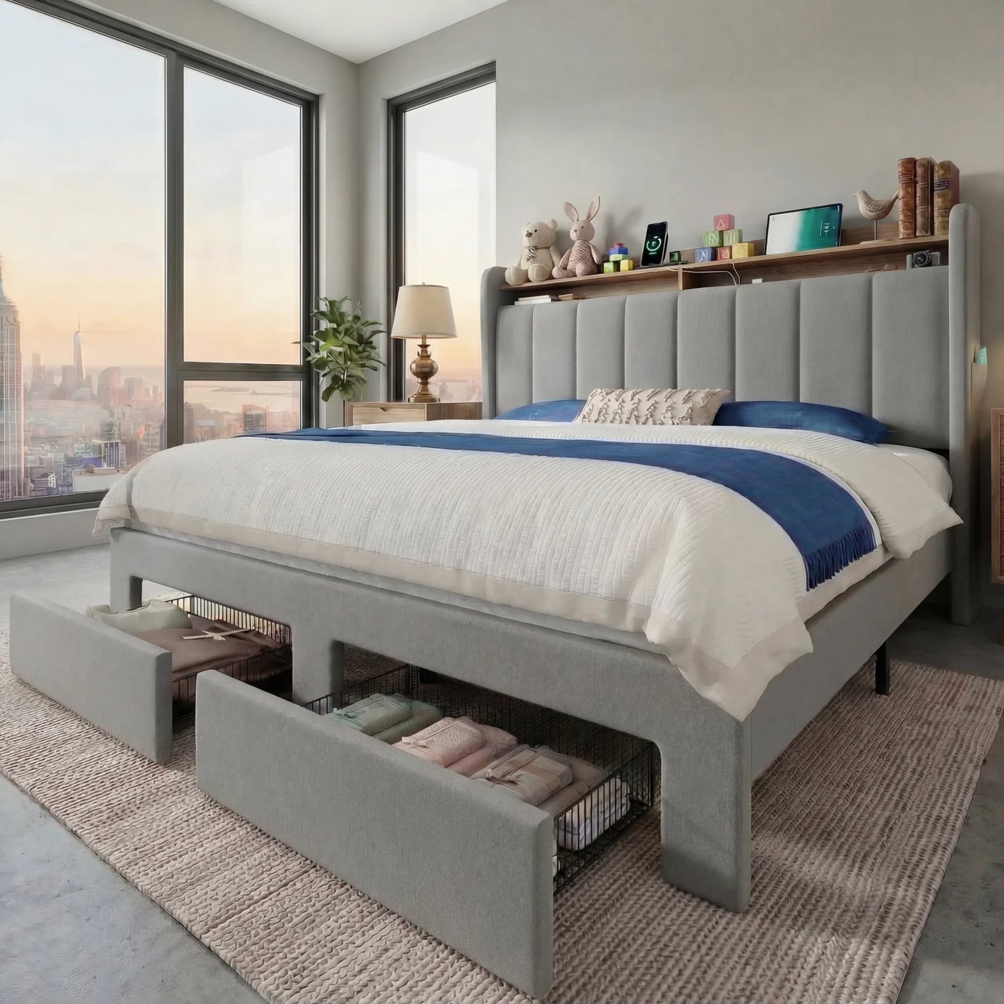 HOOMIC Bed Frame, 2 Storage Drawers/2-Tier Shelves with LED Lights & Charging Station, No Box Spring Need, Full/Queen/King