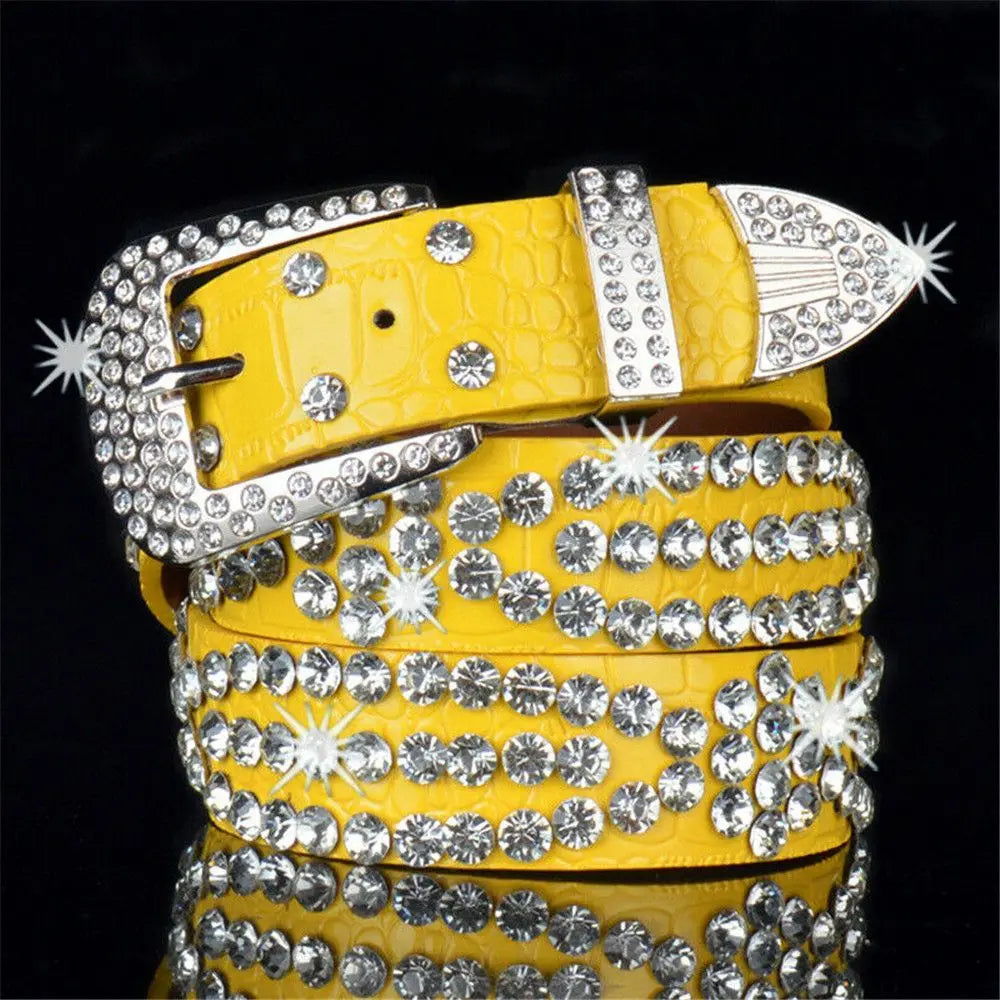 Fashion Leather Belts Men and Women Unisex Rhinestone Luxury Belts Casual Wide Buckle Punk Belts Crystal Bling Jeans Waistband